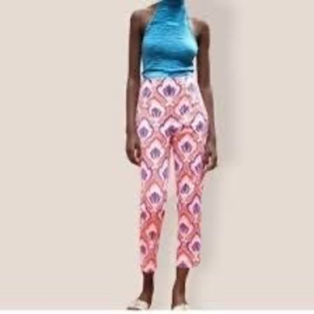 NWT Zara High-Waist Slim-Fit Retro Geometric Print Cropped Trousers 2